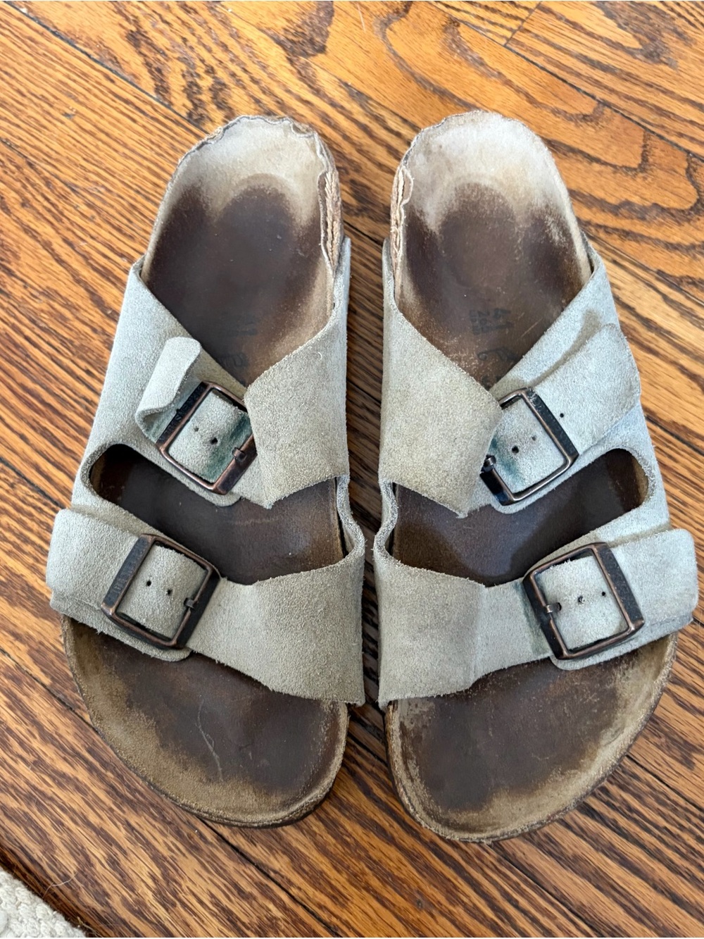 Birkenstock Two-Buckle Arizona Suede Slide Sandals — Taupe